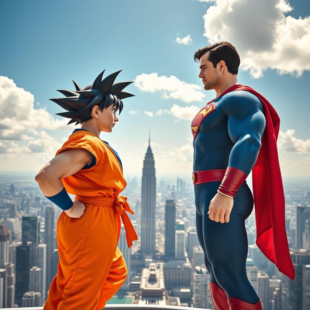 A dramatic scene featuring Goku and Superman facing each other in full body, both in dynamic poses, at the top of the Petronas Towers in Kuala Lumpur