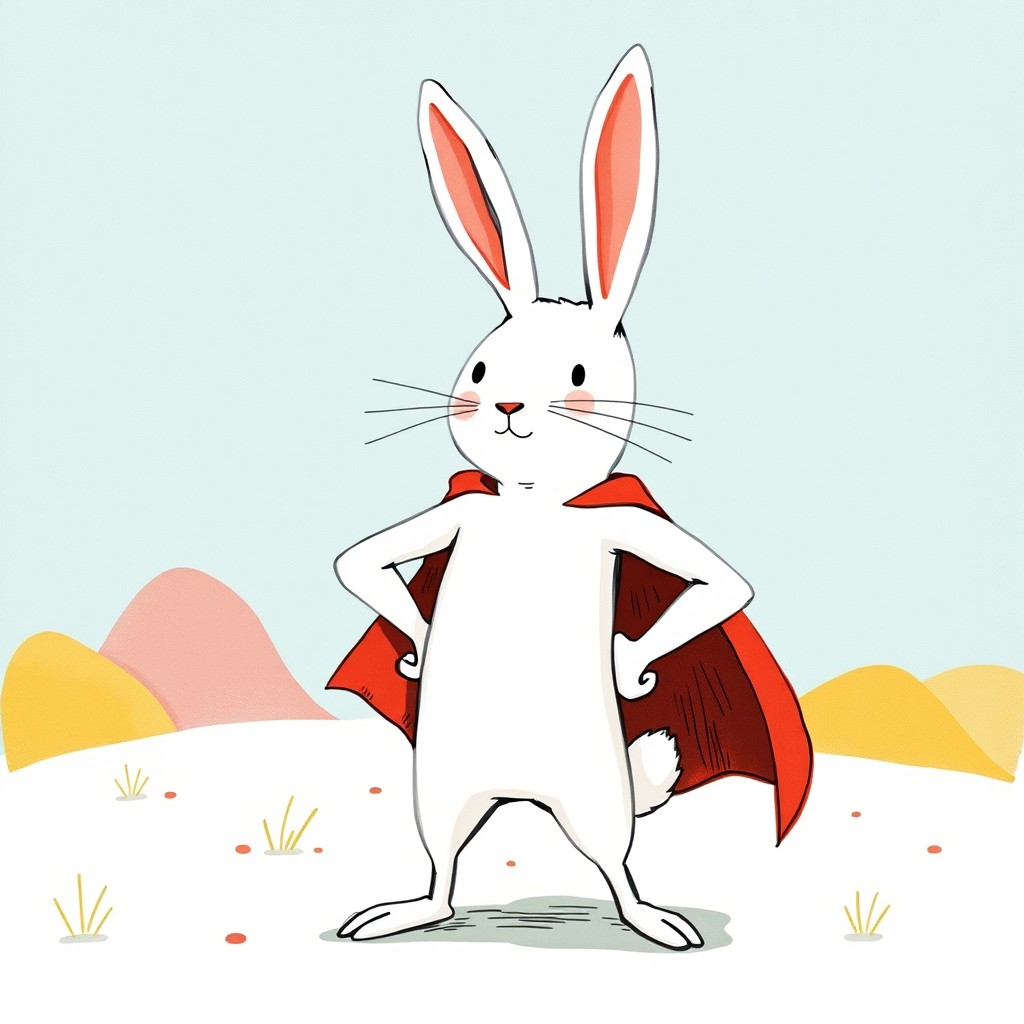 A small white rabbit posing like a superhero, illustrated in the whimsical style of Jon Klassen