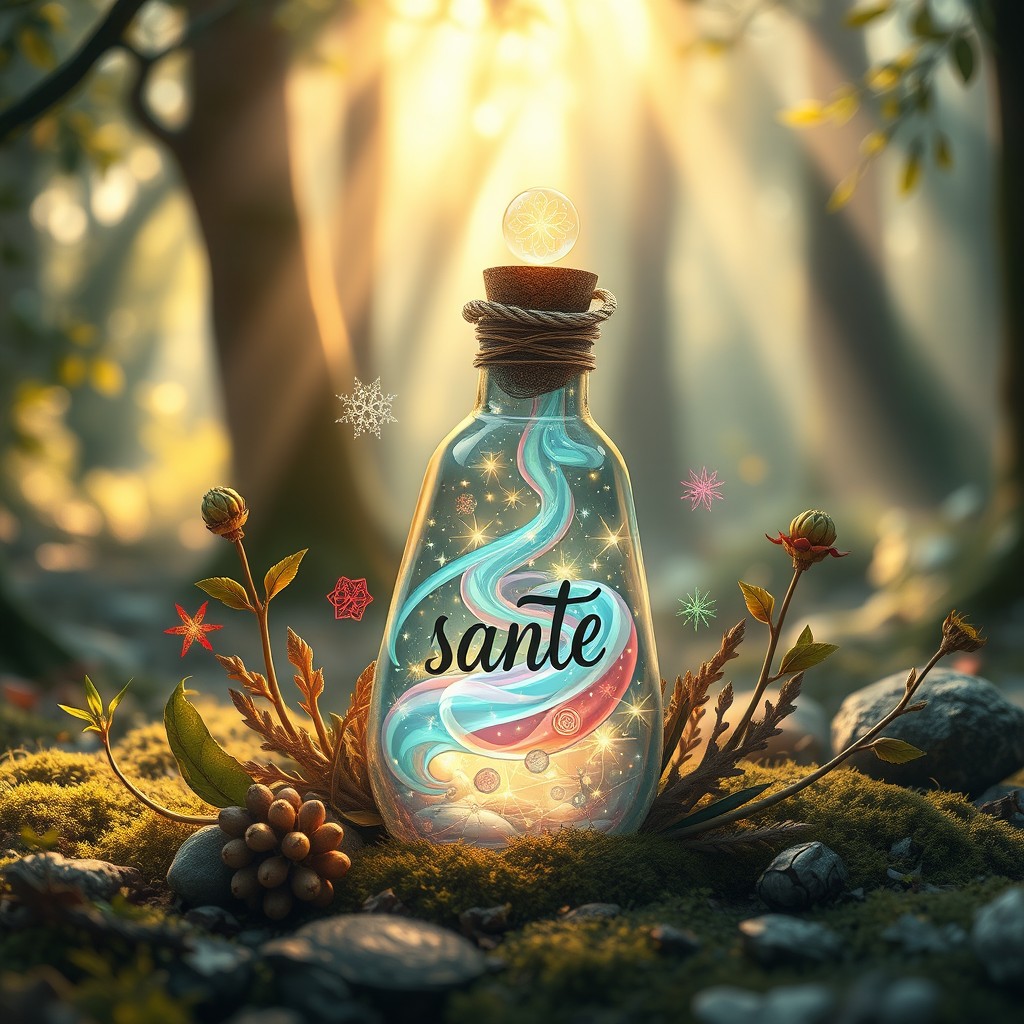 A whimsical and enchanting scene depicting a magical potion bottle, intricately designed with glowing elements