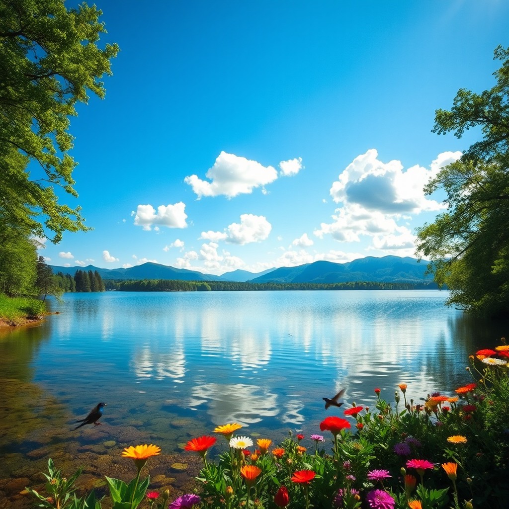 A serene landscape photo depicting a tranquil, sunlit lake surrounded by lush green trees and vibrant wildflowers
