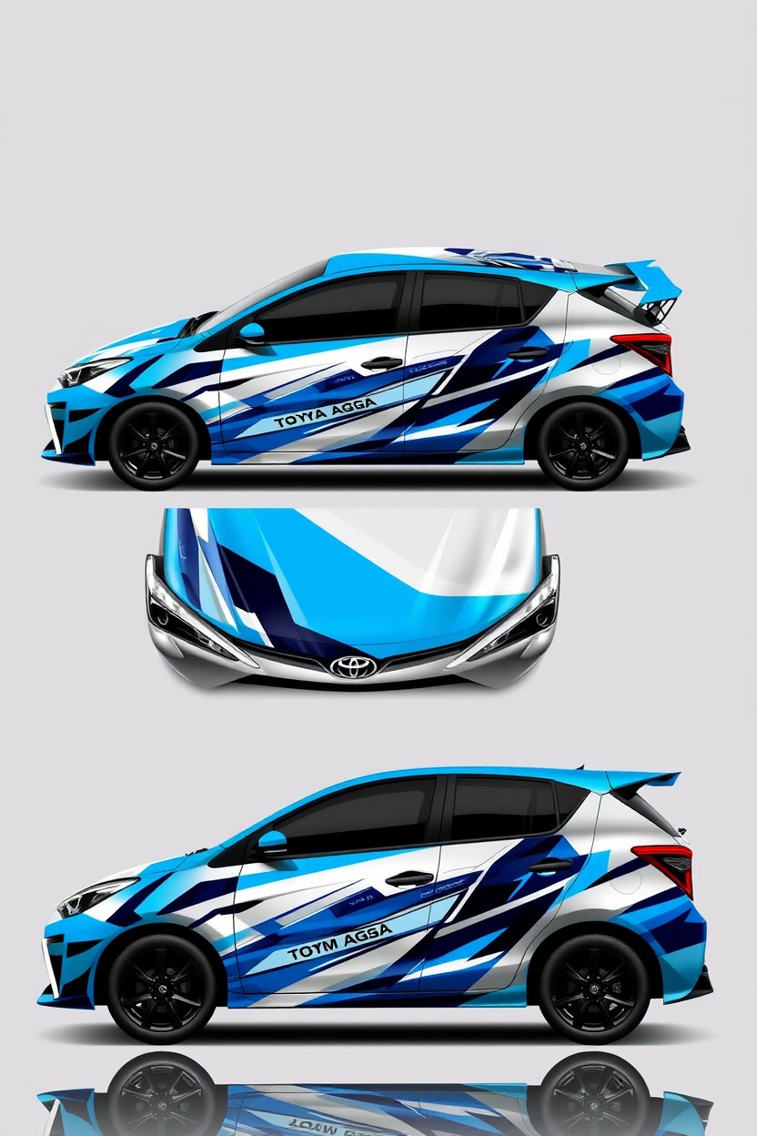 A full-body graphic design for a Toyota Agya car, featuring vibrant colors and a modern aesthetic