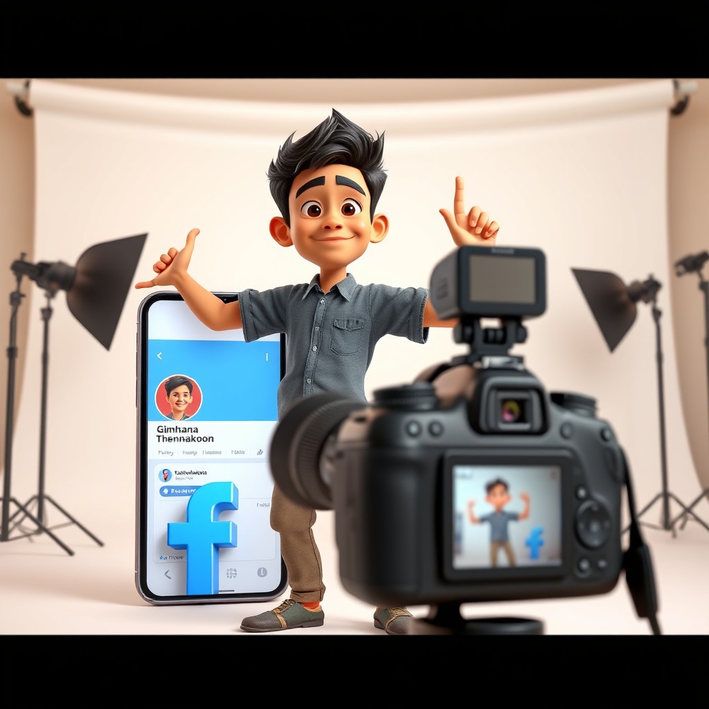 A young male character in Pixar/Disney 3D style, striking a fun dynamic pose, standing proudly next to a giant smartphone that displays a Facebook profile labeled 'Gimhana Thennakoon'