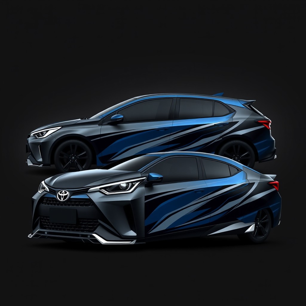A full-body graphic design for a Toyota Agya car that exudes elegance akin to a sports motorcycle