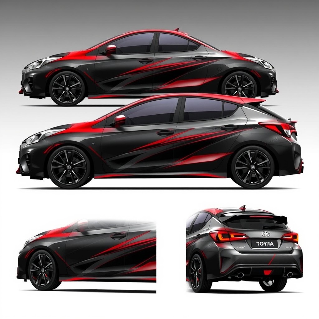 A complete graphic design for a Toyota Agya car, portraying a full-body wrap that embodies elegance reminiscent of a sports car