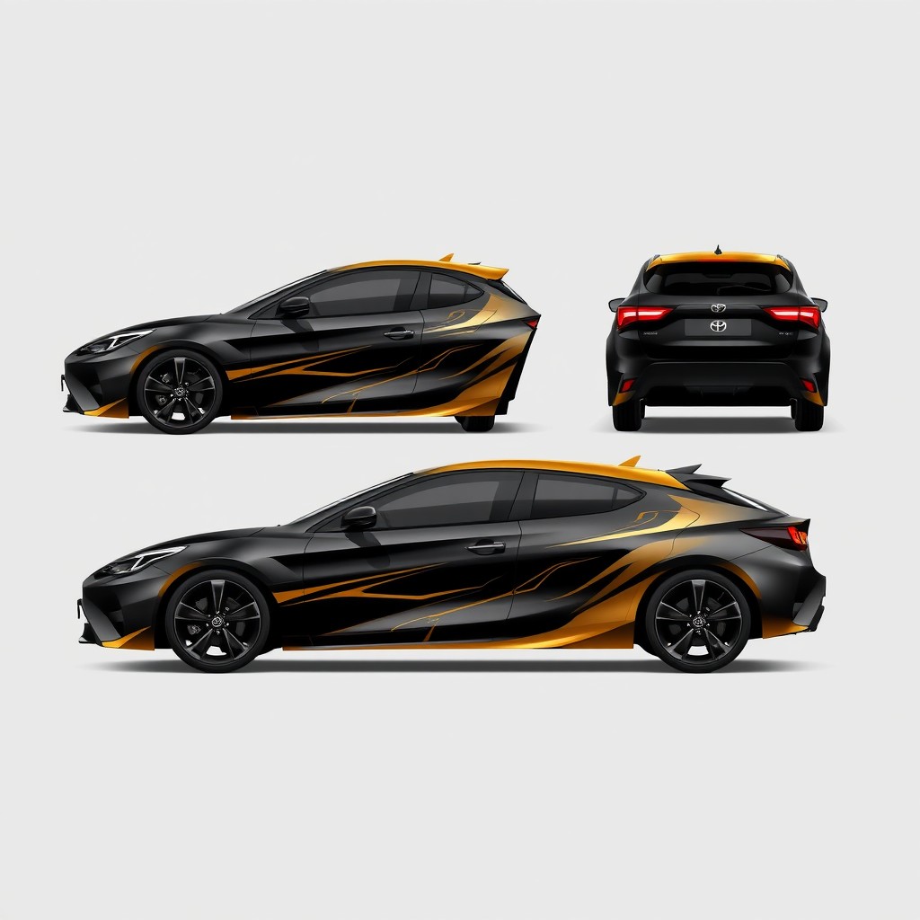 A comprehensive full-body graphic design for a Toyota Agya car, portraying an elegant sports car aesthetic