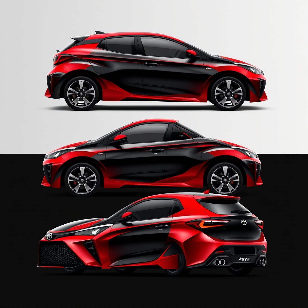 A detailed full-body graphic design for a Toyota Agya car that captures the elegance of a sports car