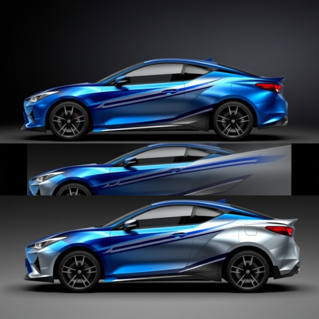A graphic design concept for a full-body wrap of a Toyota Agya, featuring four separate images: the right side, left side, front view, and back view of the car