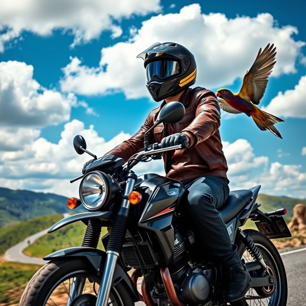 A dynamic scene featuring a motorcyclist in full gear riding a powerful motorcycle