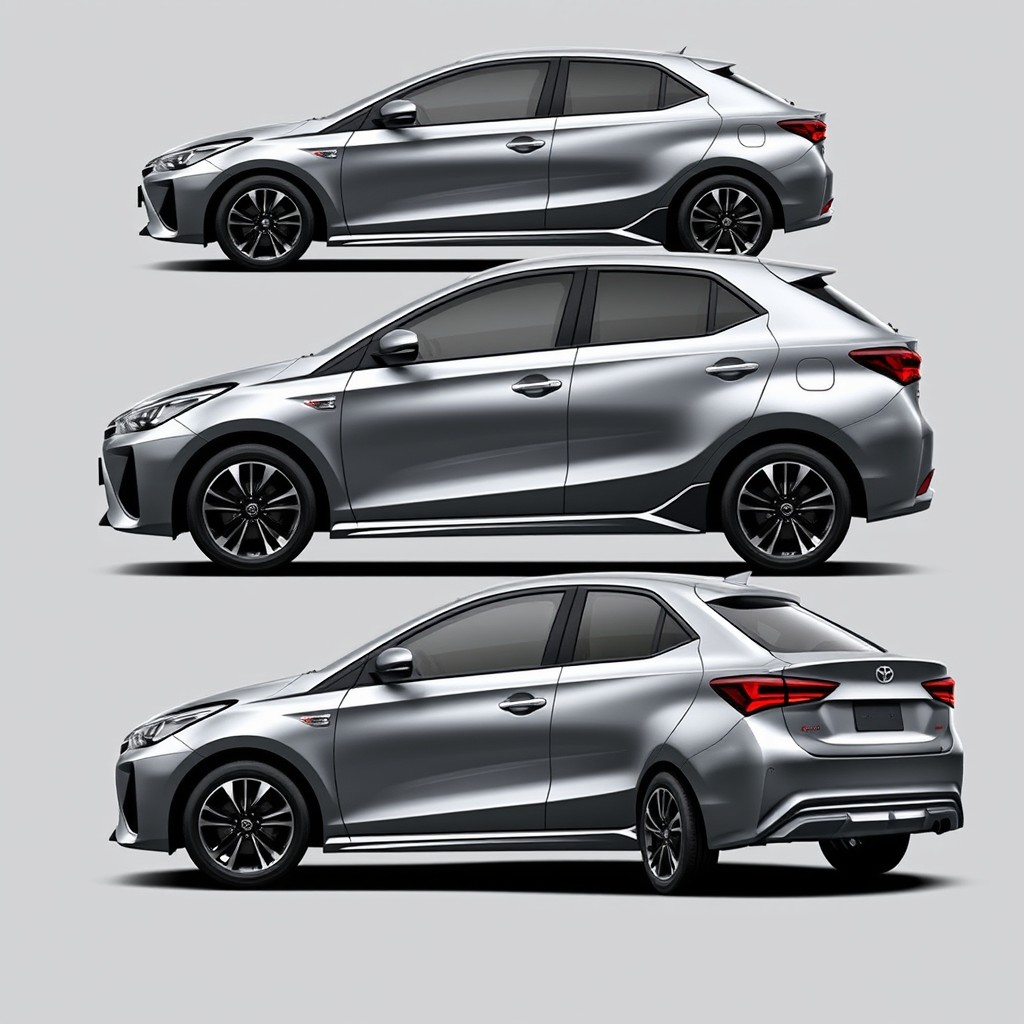 A sophisticated full-body graphic design for a gray Toyota Agya, featuring four separate images: the right side, left side, front view, and back view of the car