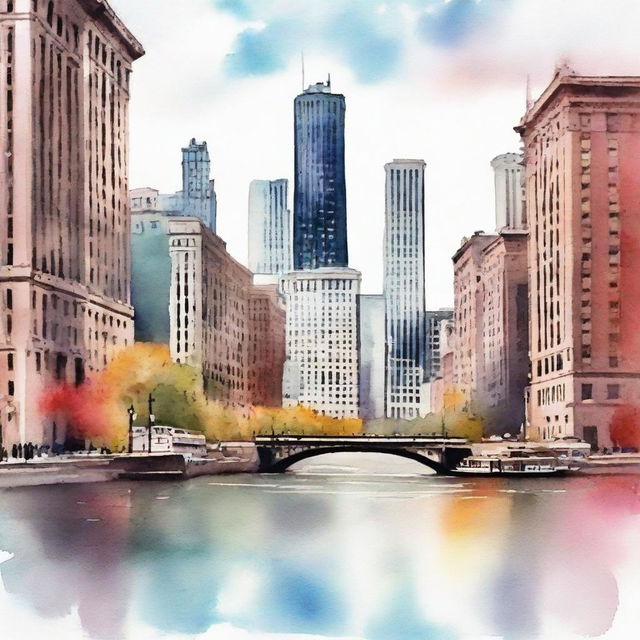 Design an engaging ad campaign for 'Chicago Watercolor', showcasing a captivating landscape watercolor depicting the mesmerizing skyline and urban beauty of Chicago in a unique watercolor style, available in digital download format, tailored to art lovers.