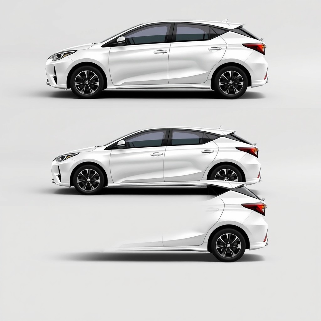 A refined graphic design concept for a full-body wrap of a Toyota Agya, consisting of four separate images: the first depicting the right side, the second showcasing the left side, the third presenting the front view, and the fourth illustrating the back view of the car