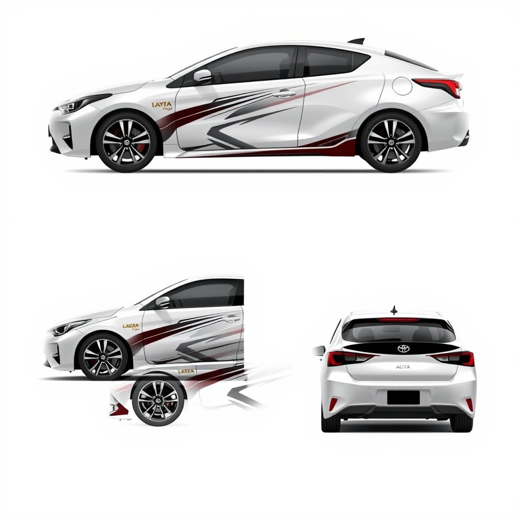 A stylish graphic design concept for a full-body wrap of a Toyota Agya, incorporating elegant sports car aesthetics