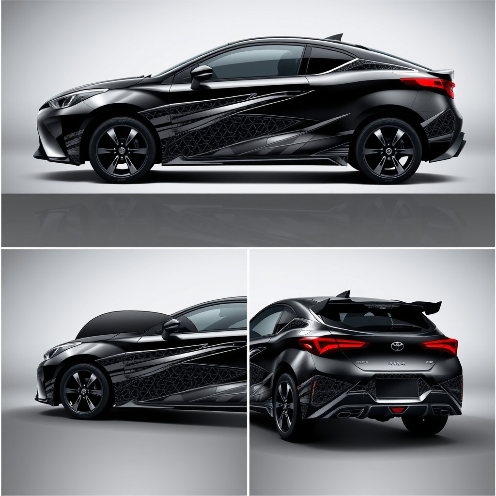 An elegant graphic design concept for a full-body wrap of a Toyota Agya, encapsulated in four separate images: the first image features the right side of the car, the second shows the left side, the third presents the front view, and the fourth illustrates the back view