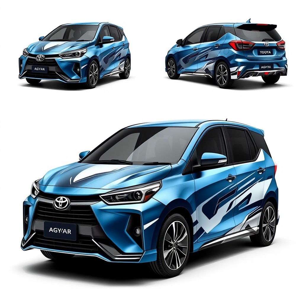 A refined full-body graphic design concept for a Toyota Agya, maintaining its original design while enhancing it with sporty graphics