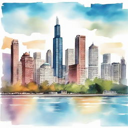 Design an engaging ad campaign for 'Chicago Watercolor', showcasing a captivating landscape watercolor depicting the mesmerizing skyline and urban beauty of Chicago in a unique watercolor style, available in digital download format, tailored to art lovers.