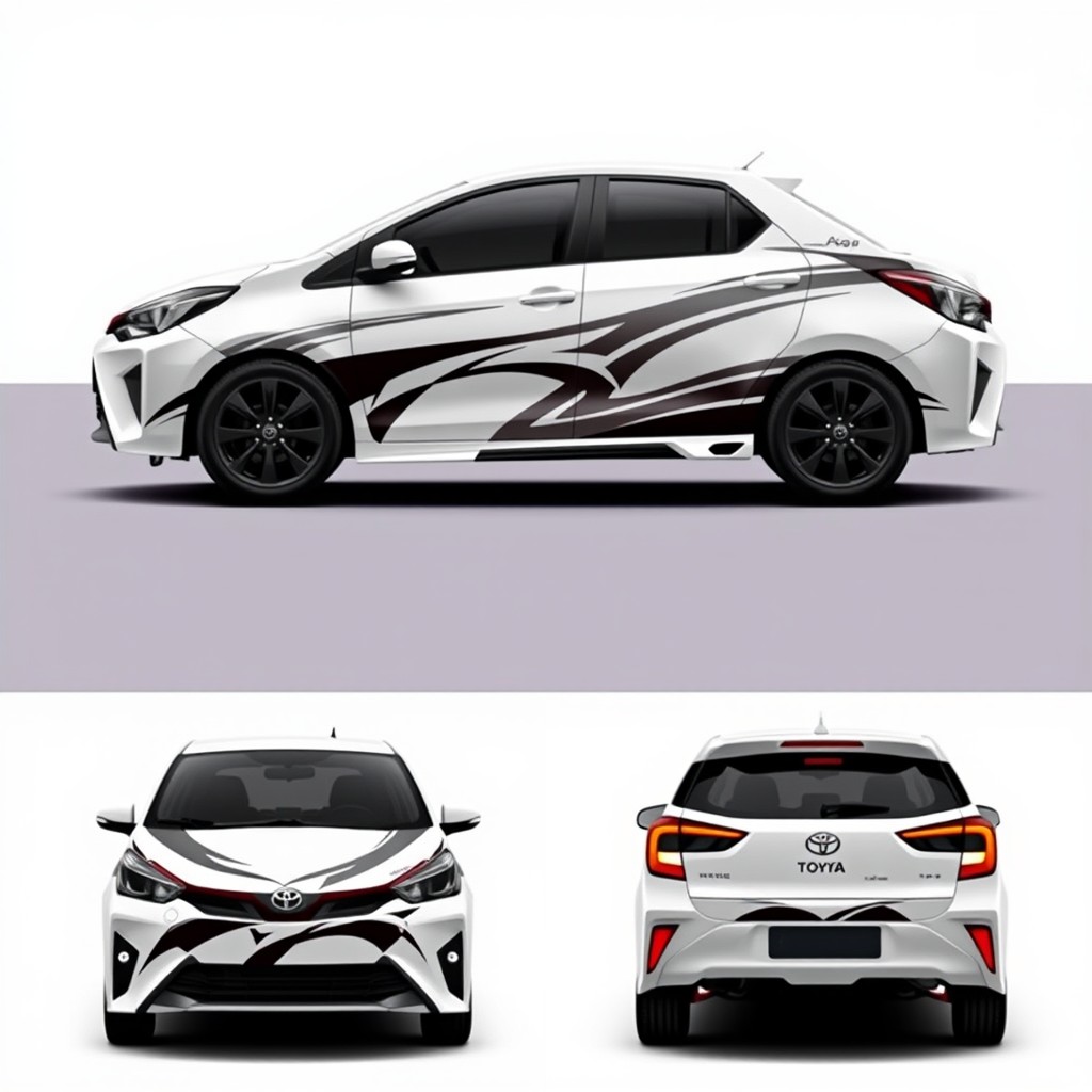 A sleek and elegant graphic design concept for a full-body wrap of a Toyota Agya, designed with a sporty flair
