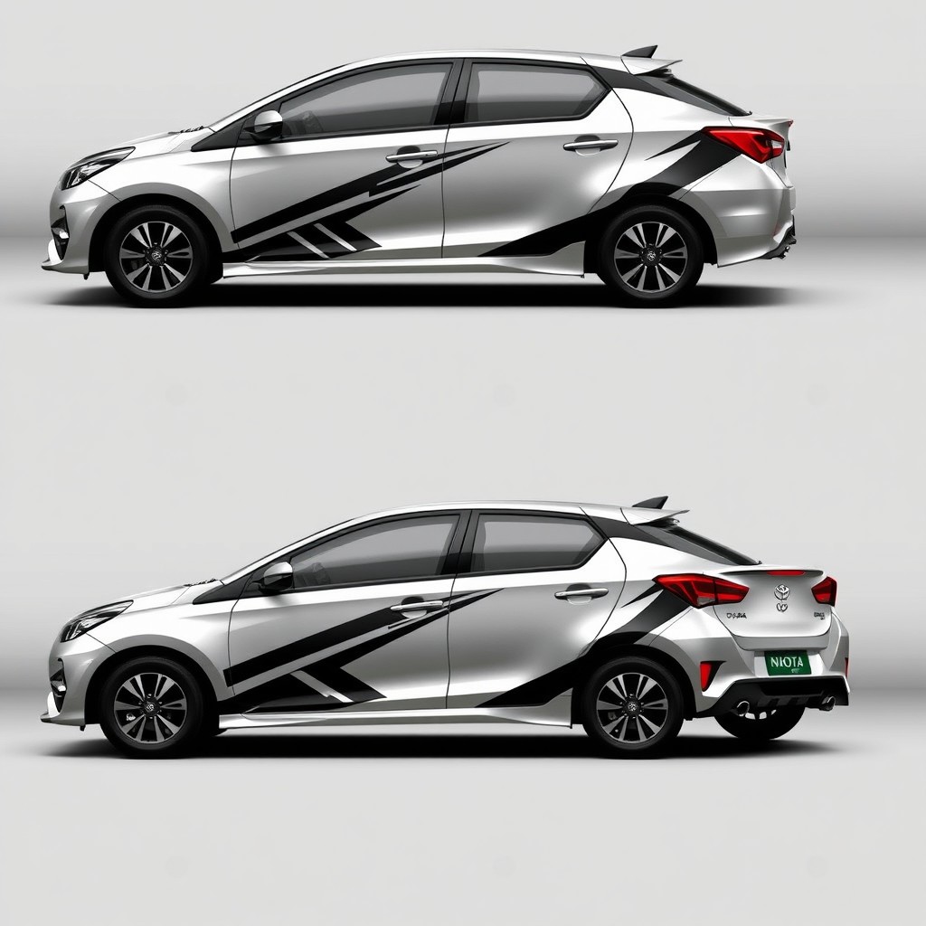 A stylish and modern graphic design concept for a full-body wrap of a Toyota Agya, consisting of four separate images: the first showcases the right side of the car, the second displays the left side, the third presents the front view, and the fourth illustrates the back view