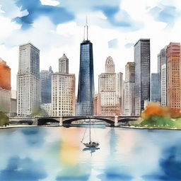 Design an engaging ad campaign for 'Chicago Watercolor', showcasing a captivating landscape watercolor depicting the mesmerizing skyline and urban beauty of Chicago in a unique watercolor style, available in digital download format, tailored to art lovers.