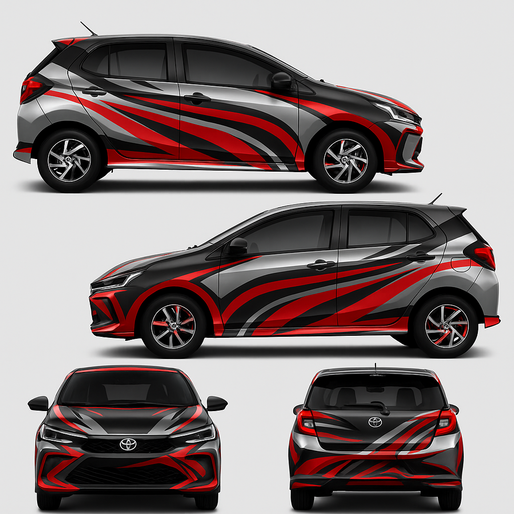 buatkan design Graphic mobil agya toyota full body. sertakan empat gambar terpisah yaitu bagian pertama body kanan mobil, bagian kedua body kiri mobil, bagian ketiga depan mobil, bagian keempat belakang mobil. buatkan design graphic jadi elegan seperti sport car body nya tetap agya Toyota cuma tambahkan design graphic aja di body nya