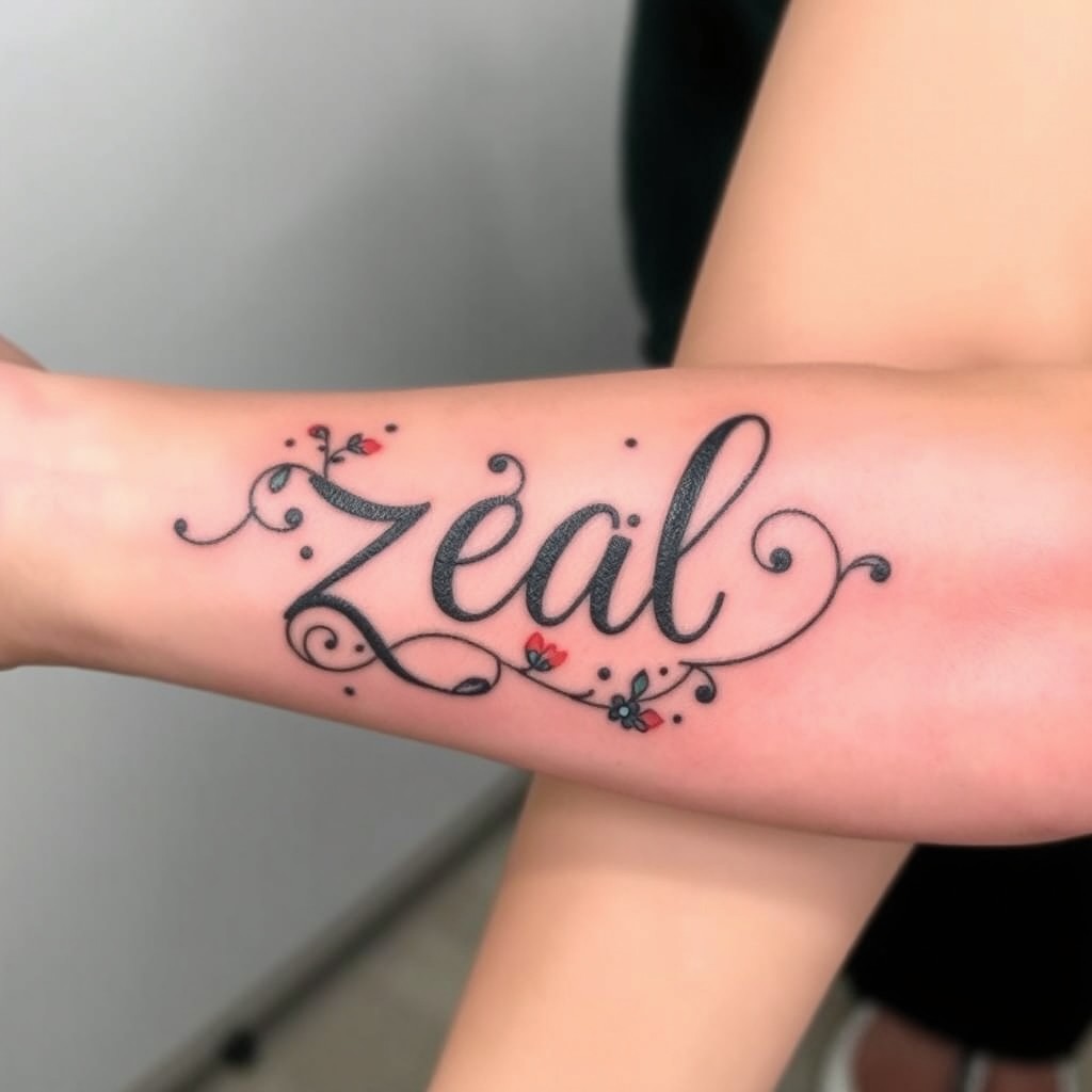 A creative tattoo design featuring the word "zeal" in elegant, flowing script