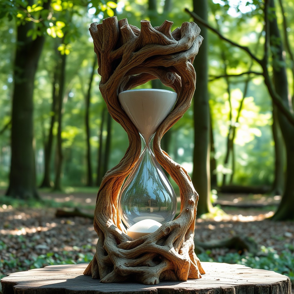 A unique hourglass sculpture intricately designed from tree roots, showcasing the natural curves and textures of wood