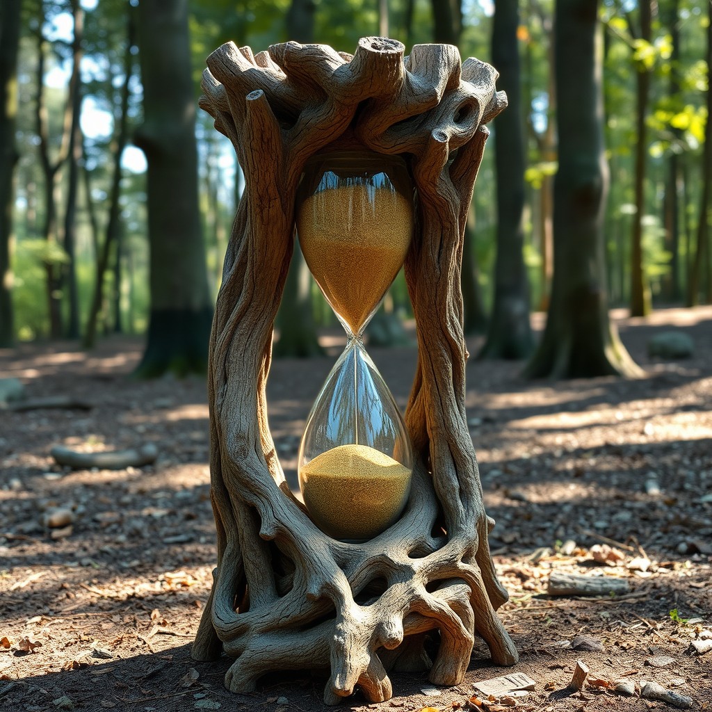 A stunning hourglass crafted entirely from gnarled and twisted tree roots, showcasing the intricate natural patterns and textures of the wood