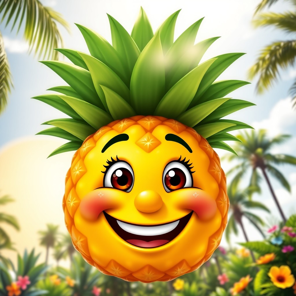 A cheerful, smiling face transformed to resemble an anthropomorphic pineapple
