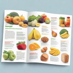 A brochure with clear, readable text, contrasting healthy food items such as fruits, vegetables, and lean proteins on one side, with unhealthy items like junk food, processed items, and sugary drinks on the other.