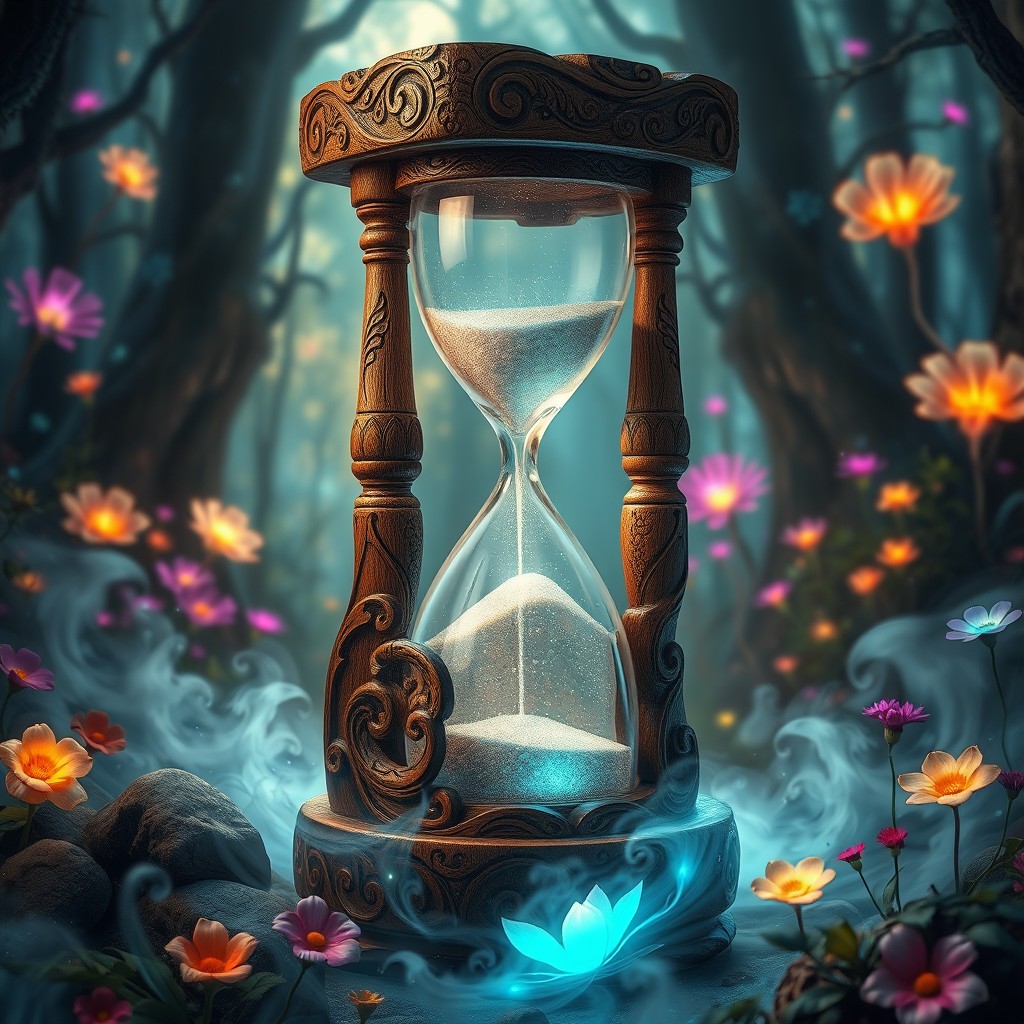 An enchanting fantasy portrayal of a wooden hourglass, beautifully carved from ancient wood and adorned with intricate engravings of mythical creatures and swirling patterns