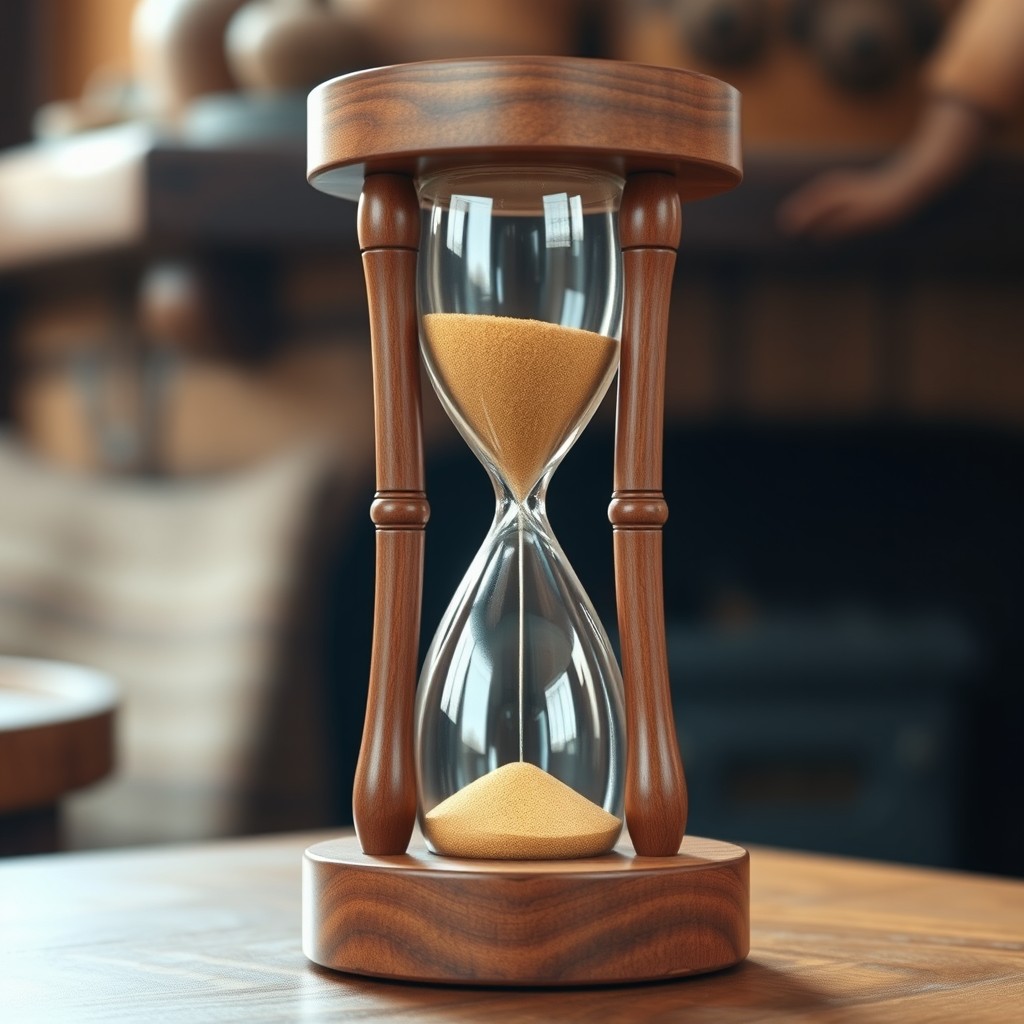 A highly realistic depiction of an artistic wooden hourglass, meticulously crafted from rich, polished hardwood with visible grain patterns