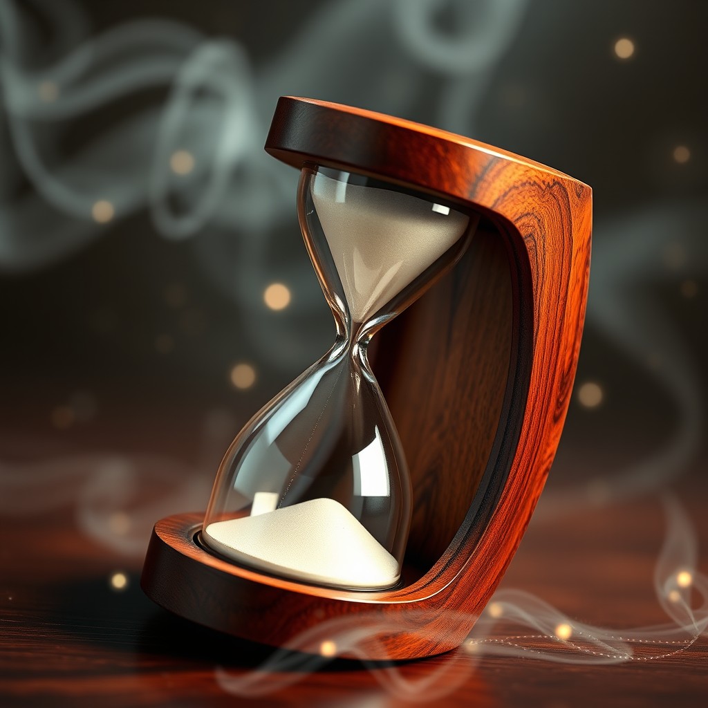 An artistic depiction of an empty wooden hourglass, exquisitely crafted from rich, dark hardwood
