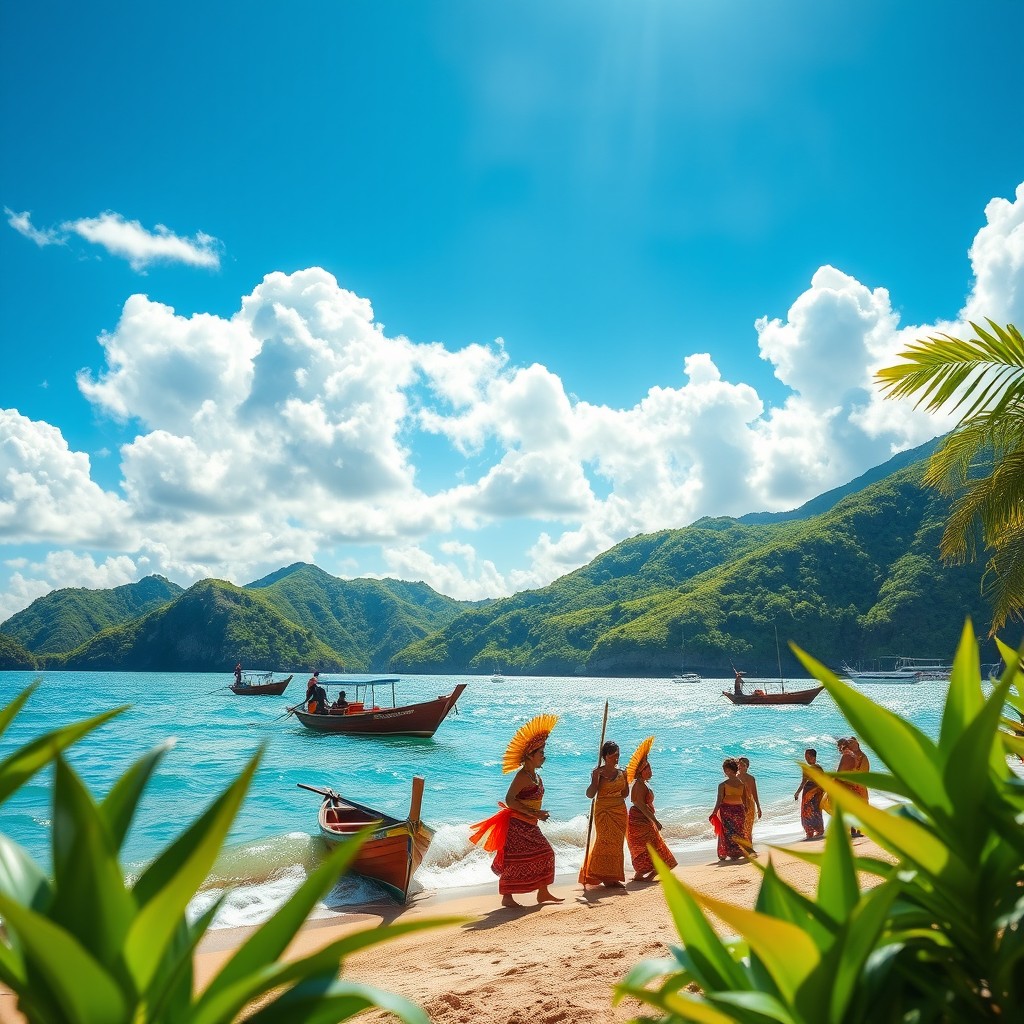 An artistic representation of the Surigao region in the Philippines, showcasing its beautiful landscapes, featuring lush green hills, azure sea waters, and traditional wooden boats bobbing gently on the waves