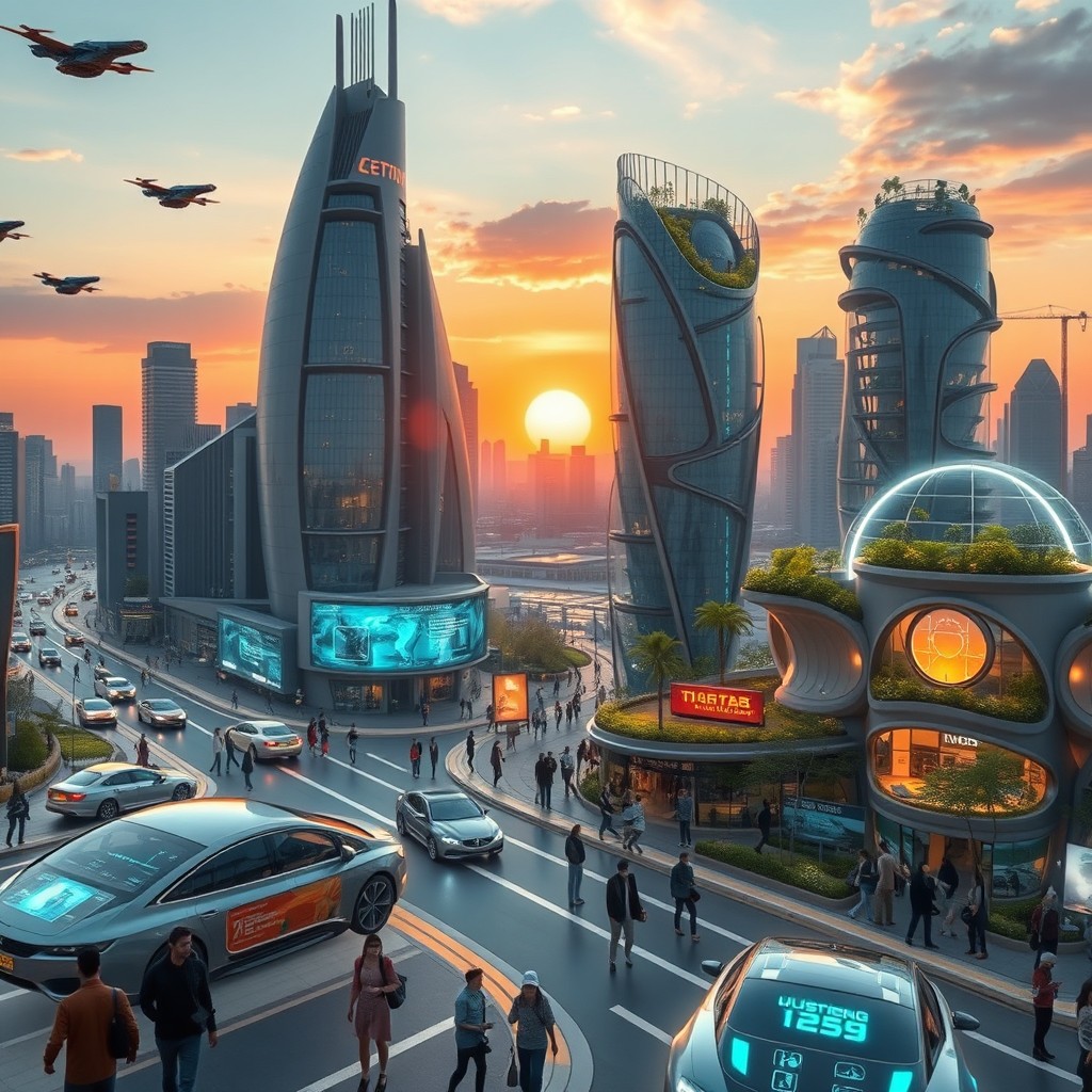 A futuristic view of advanced technology integrated into everyday life, showcasing a bustling city scene with flying cars, holographic displays, and smart buildings featuring organic architecture