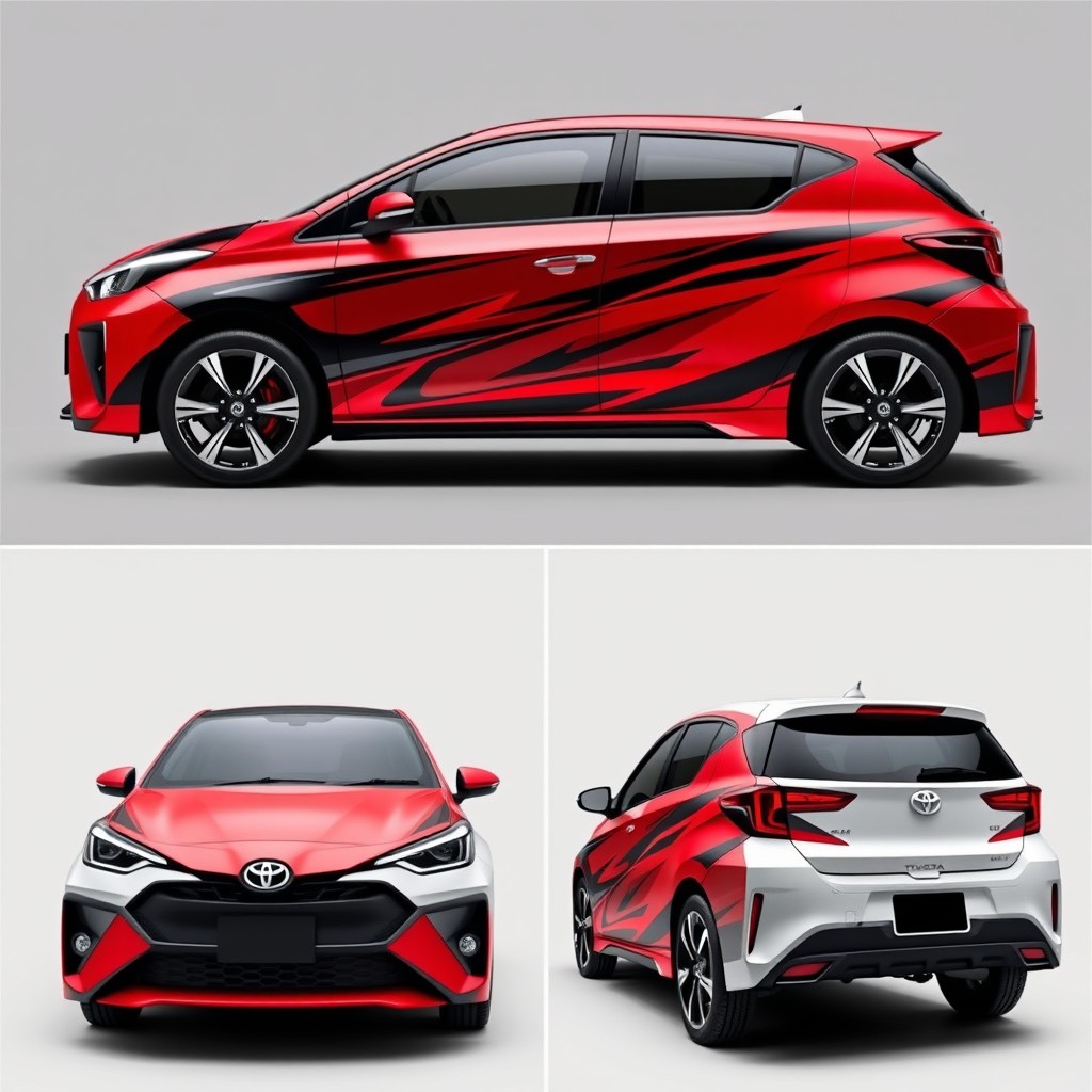 A stylish full-body graphic design concept for a Toyota Agya, featuring enhanced sporty elements while retaining the original car's shape