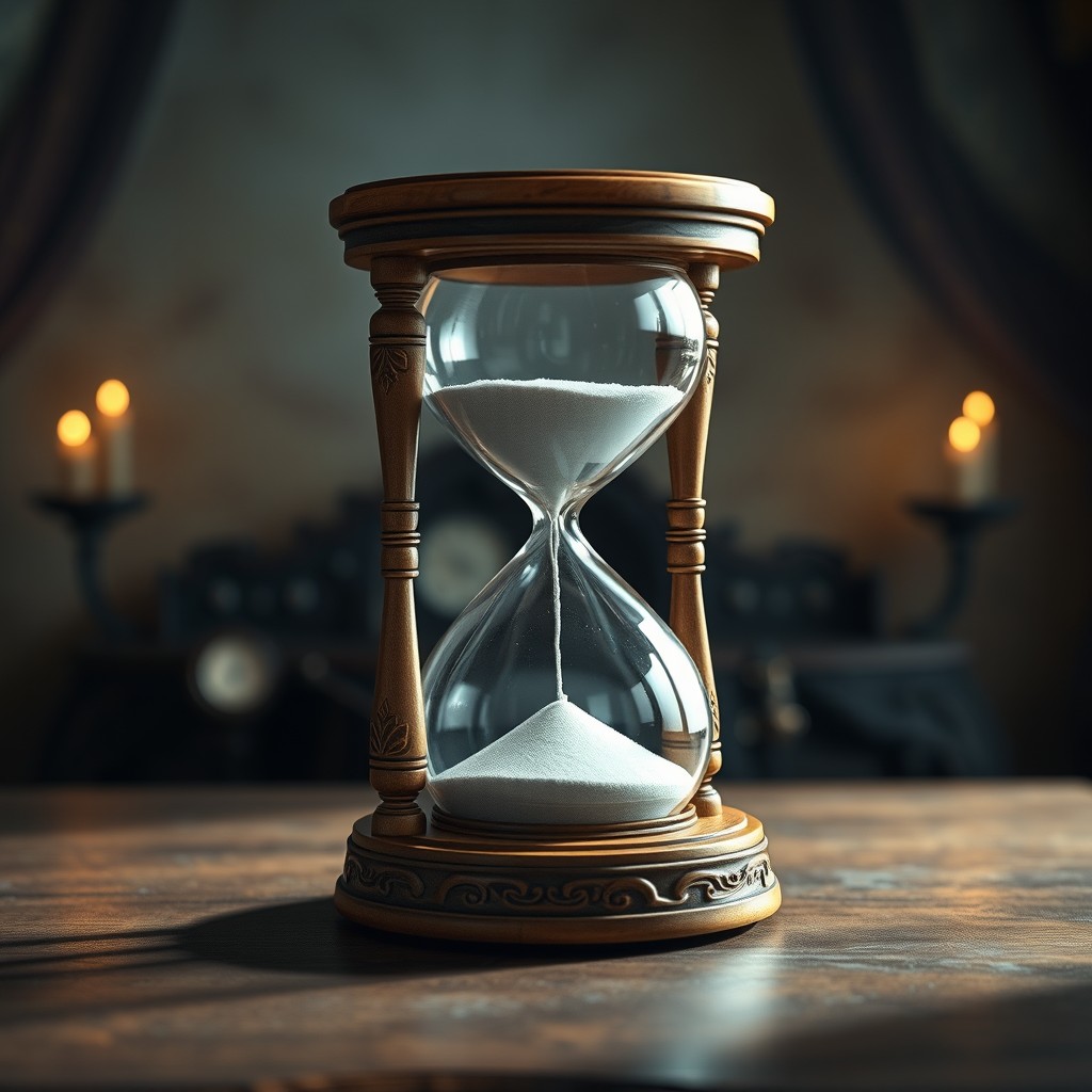 A beautifully crafted wooden hourglass, completely empty, set against an artistic backdrop
