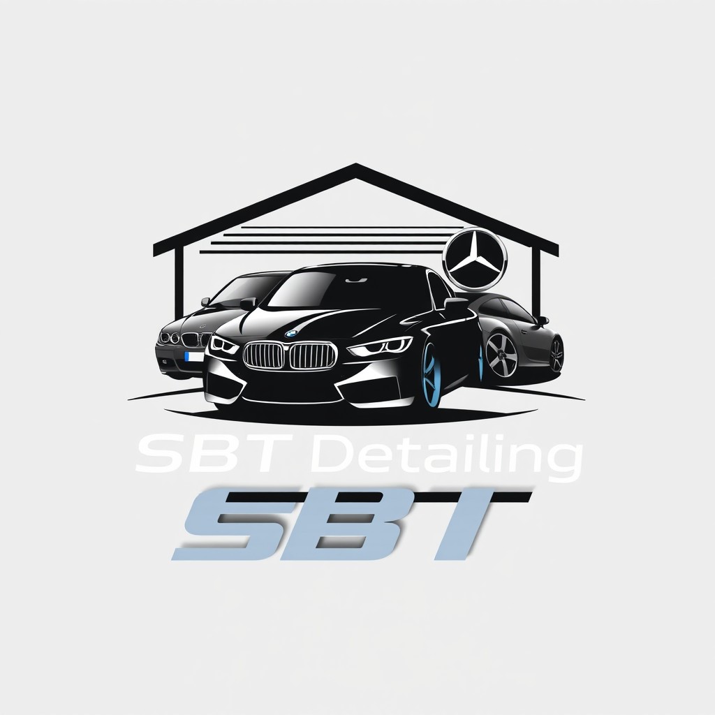 A modern and sleek logo design for 'SBT Detailing Auto', featuring the silhouettes or outlines of a BMW, Audi, and Mercedes along with a stylized garage