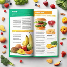 A brochure with clear, readable text, contrasting healthy food items such as fruits, vegetables, and lean proteins on one side, with unhealthy items like junk food, processed items, and sugary drinks on the other.