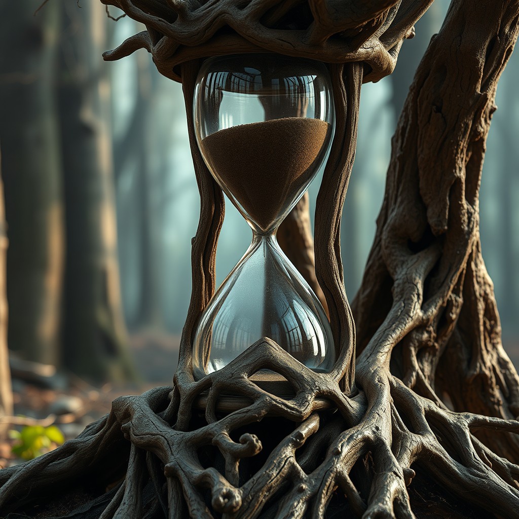 A large, empty hourglass constructed entirely from intricately intertwined tree roots