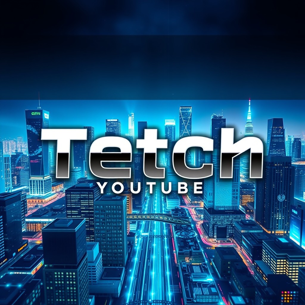 A vibrant and eye-catching YouTube banner for a modern tech channel, featuring a futuristic city skyline in the background with animated digital elements