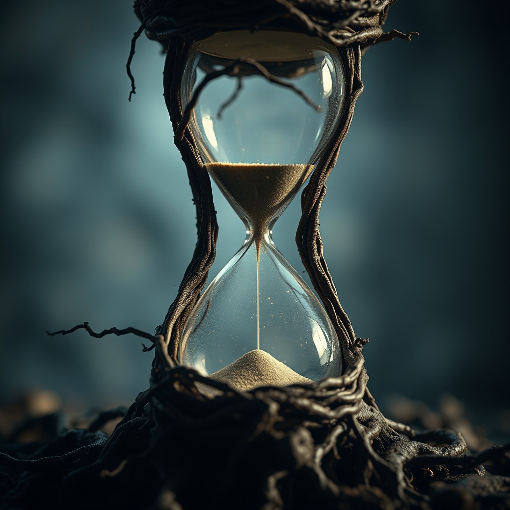 A close-up view of a big empty hourglass intricately crafted from tangled roots