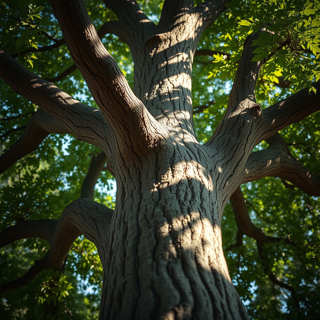 A close-up view of a big, realistic tree of life, showcasing its intricate bark texture and vibrant green leaves