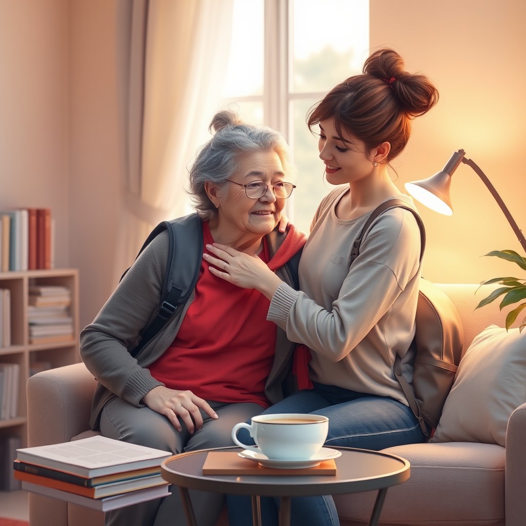 A scene depicting a kind, young female student helping an elderly woman in a cozy, warmly-lit room