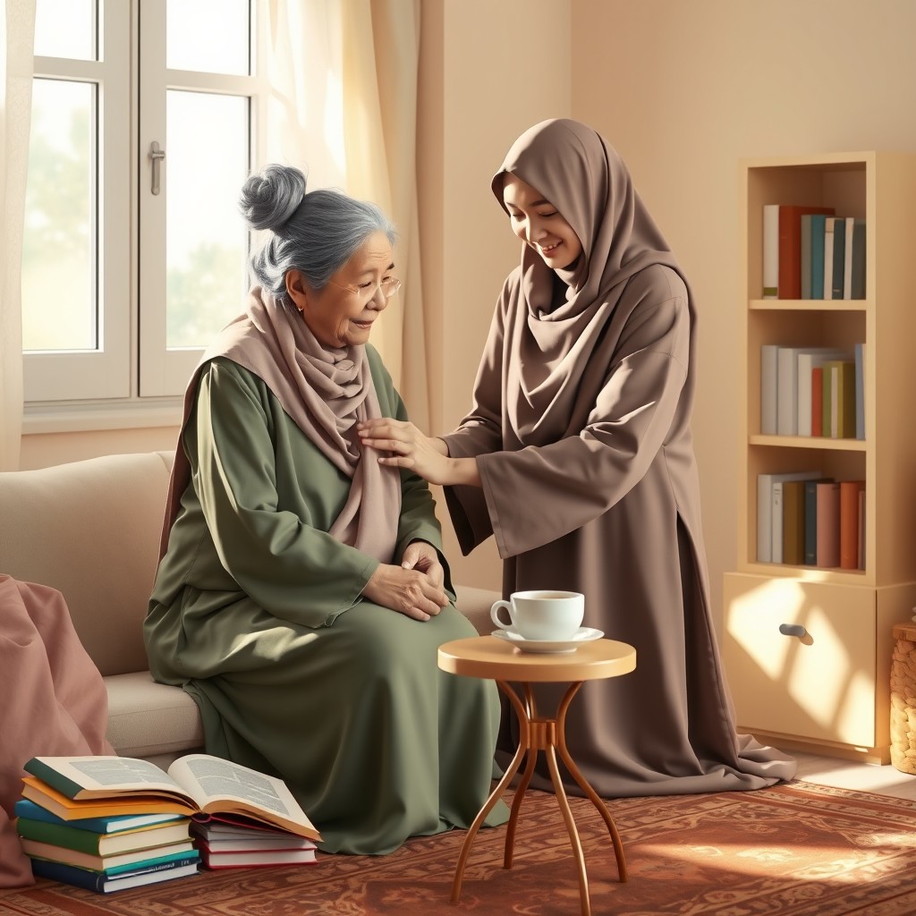 A scene depicting a kind young Shia Muslim female student in modest traditional attire, helping an elderly woman in a cozy, warmly-lit room