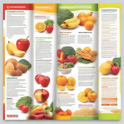 A brochure with clear, readable text, contrasting healthy food items such as fruits, vegetables, and lean proteins on one side, with unhealthy items like junk food, processed items, and sugary drinks on the other.