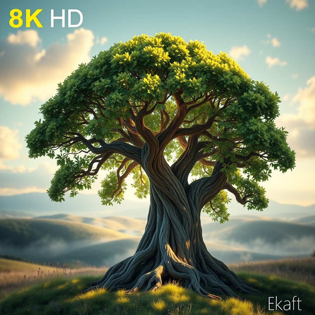An 8K HD quality depiction of the Tree of Life, blending realism with artistic elements