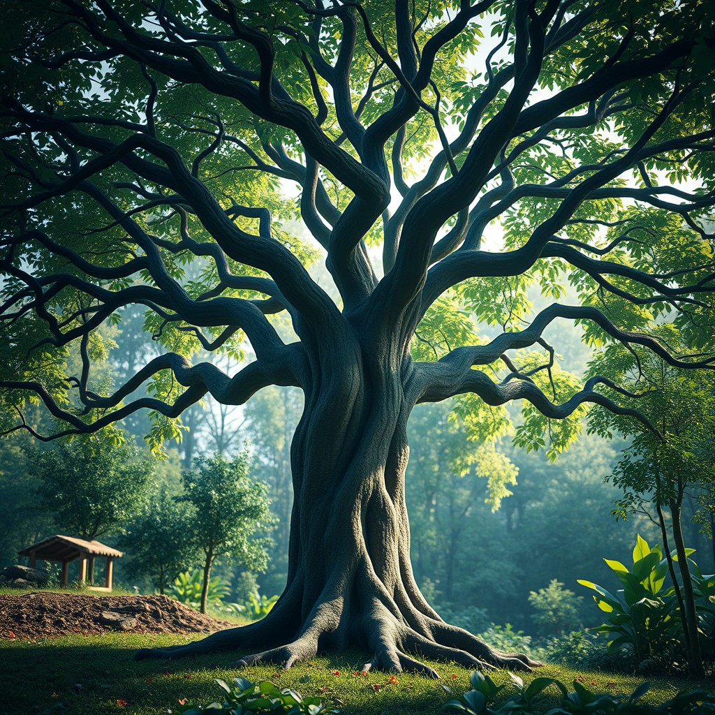 A hyper-realistic artistic representation of the Tree of Life, showcasing intricate details of its branches, leaves, and trunk