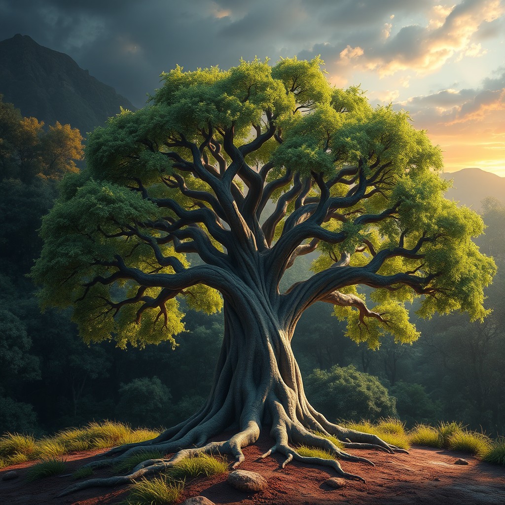 A hyper-realistic depiction of the Tree of Life, showcasing its intricate details and majestic form