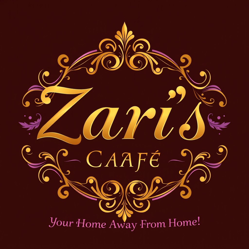An elegant and extravagant logo design for a café named 'Zari's Café', featuring the business name prominently in rich, luxurious lettering