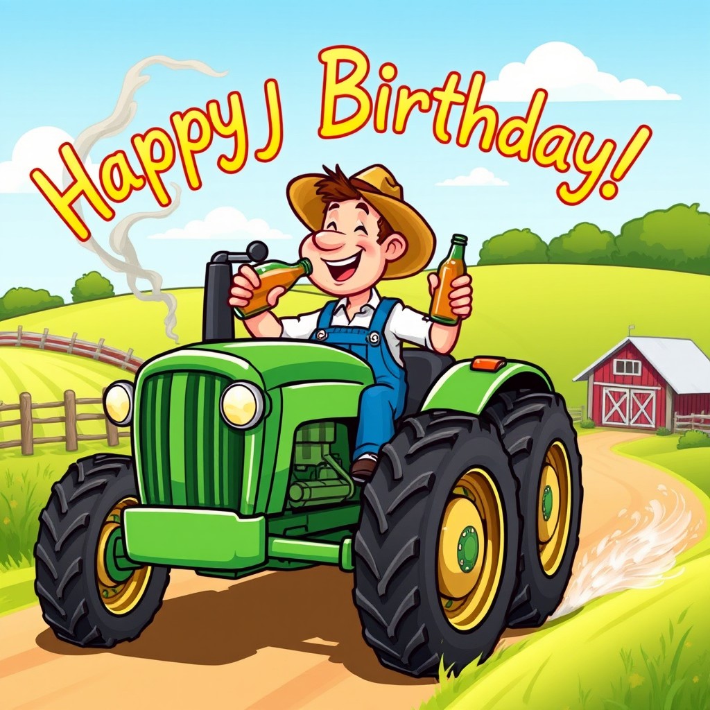 A cheerful cartoon farmer driving a bright green tractor, wearing a straw hat and overalls, joyfully sipping cider from a bottle