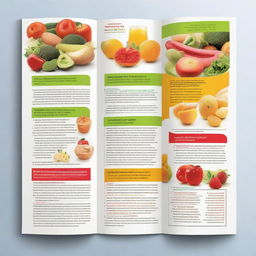 A brochure with clear, readable text, contrasting healthy food items such as fruits, vegetables, and lean proteins on one side, with unhealthy items like junk food, processed items, and sugary drinks on the other.